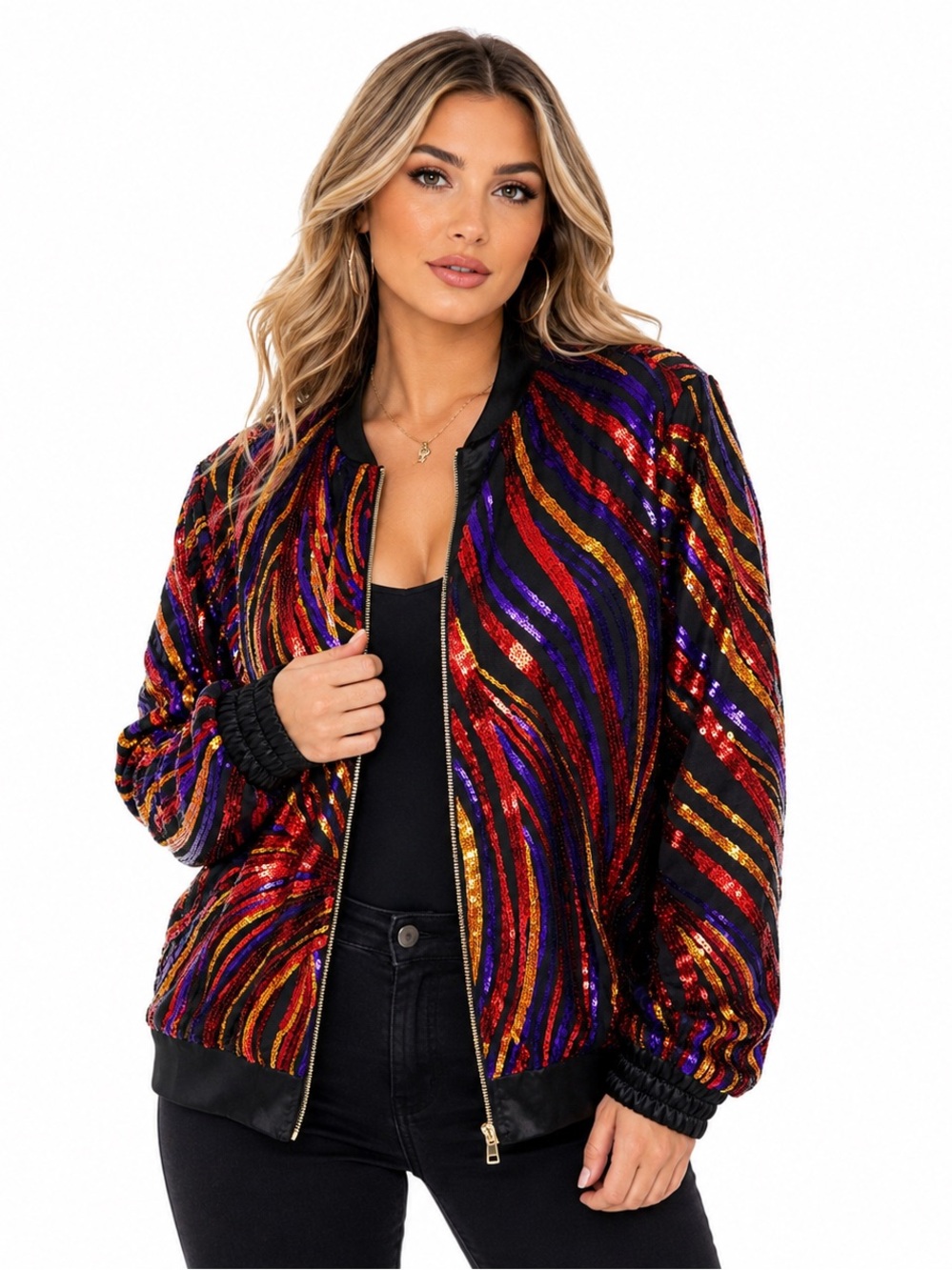 Ashley Stewart Sequin Bomber Jacket 14/16 Multicolor Red Purple Gold Swirl Zip